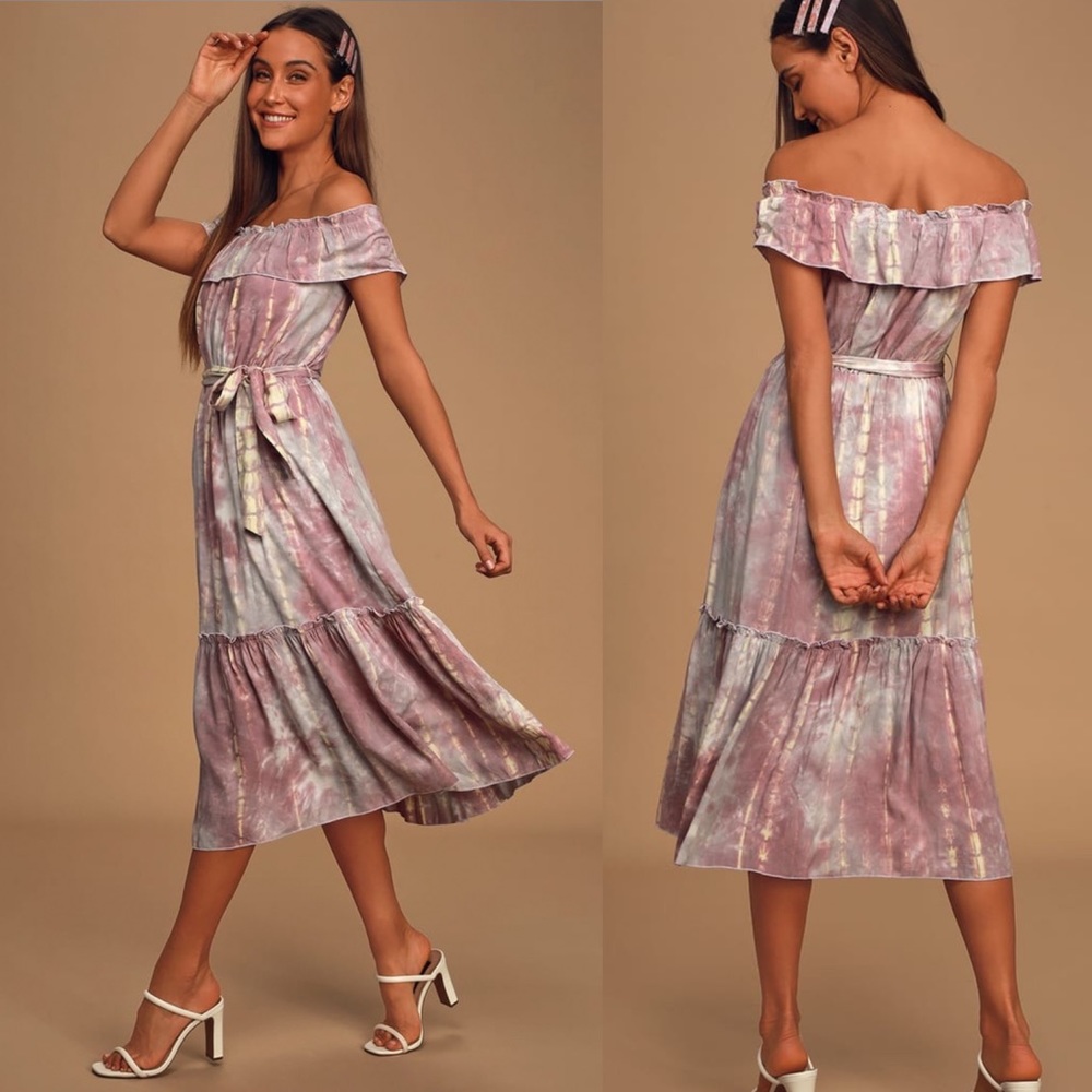LAST ONE! Tie Dye Off the Shoulder Tie Waist Midi Dress